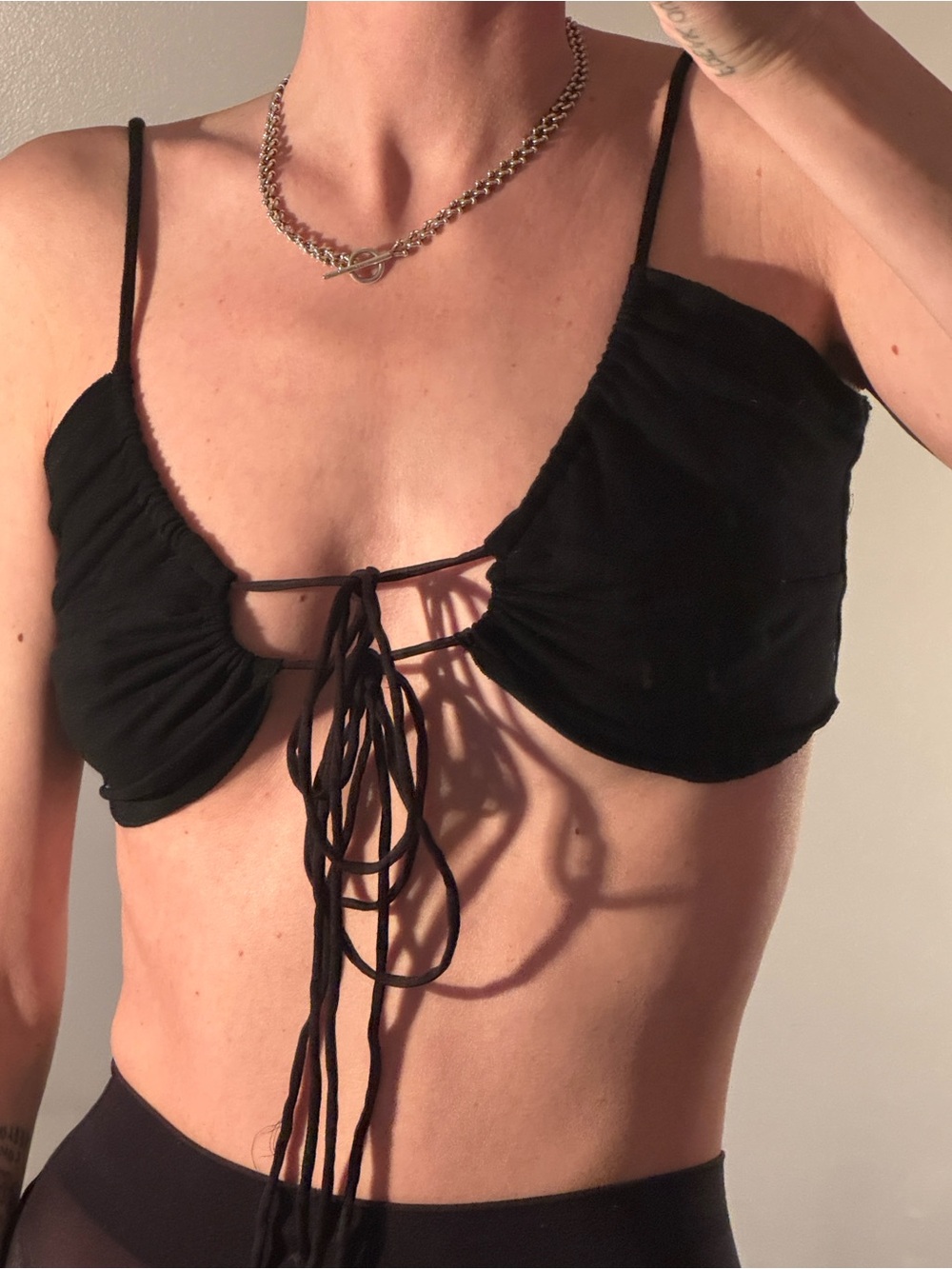 Black String Tie Crop Cotton Top